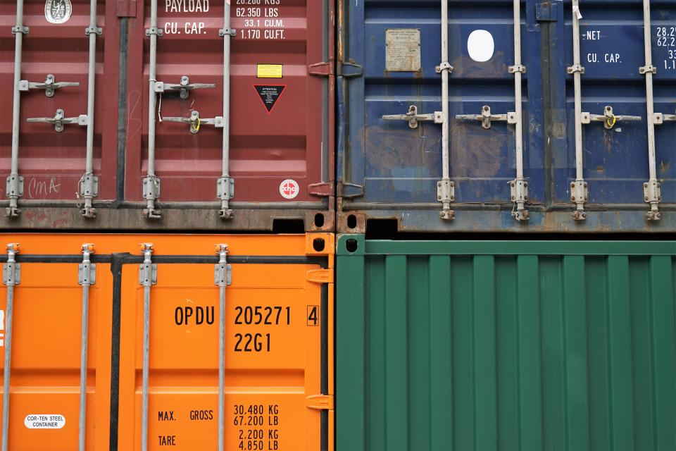 Freight containers staged for dispatch at a depot