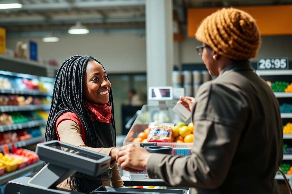 A customer comparing businesses on a phone at a shop counter