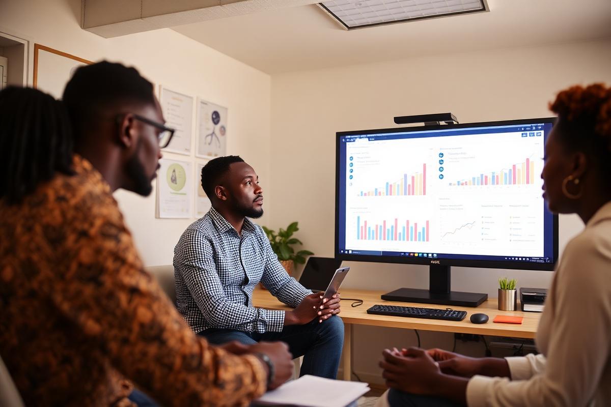 A business team reviewing their website design on a large screen